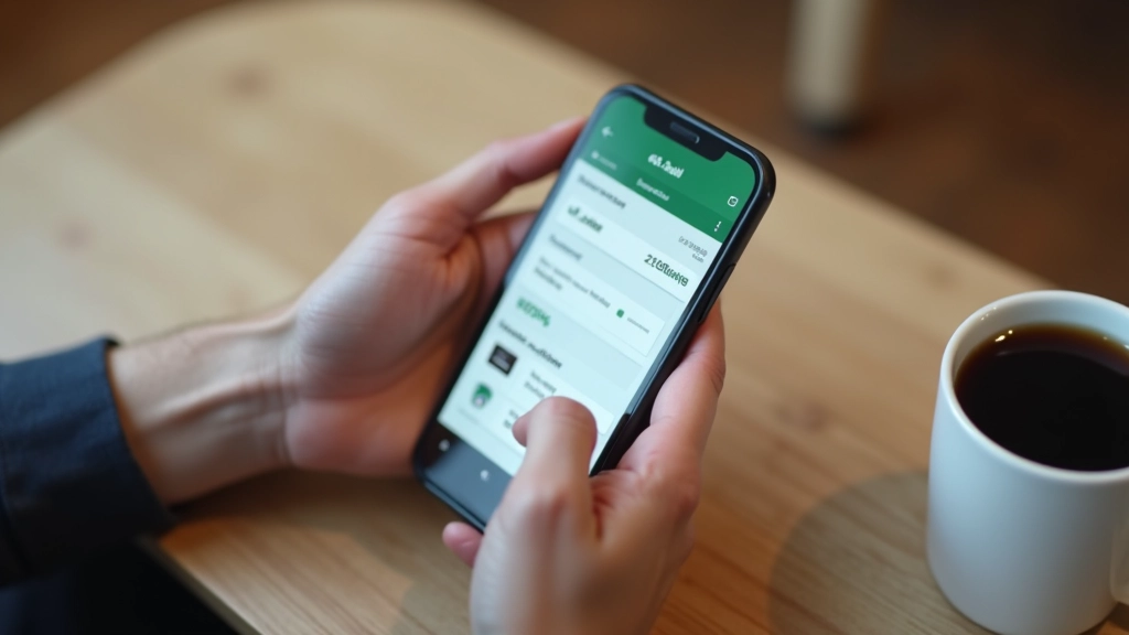 Gros plan de mains tenant un smartphone avec une application de gestion financière affichée, café sur la table à côté