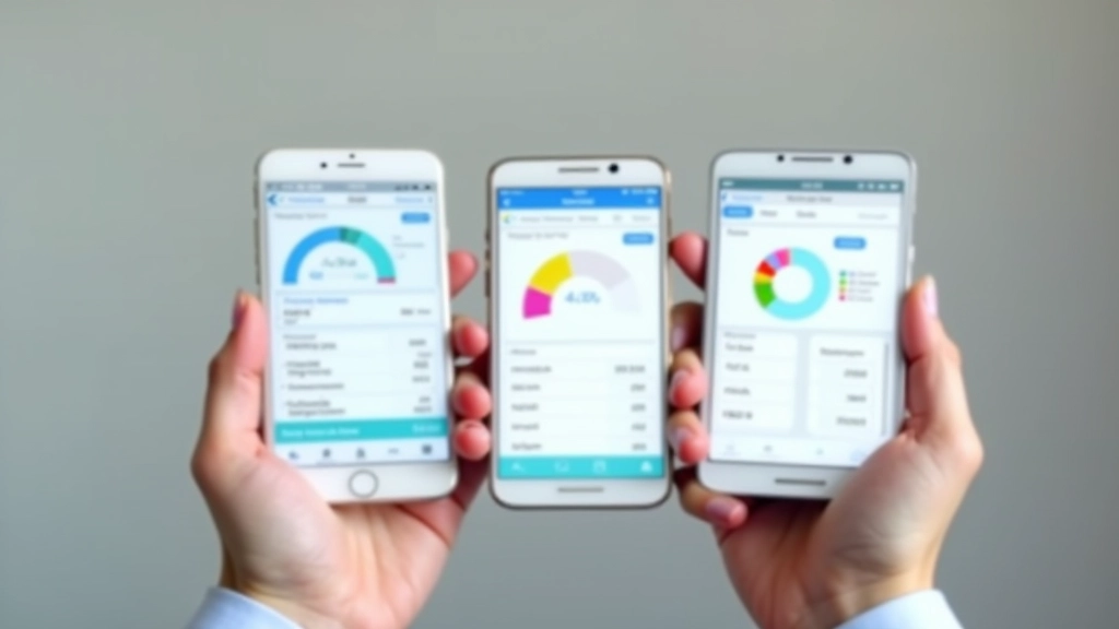 Comparaison d'interfaces d'applications de finances mobiles affichées sur plusieurs smartphones côte à côte, design moderne coloré