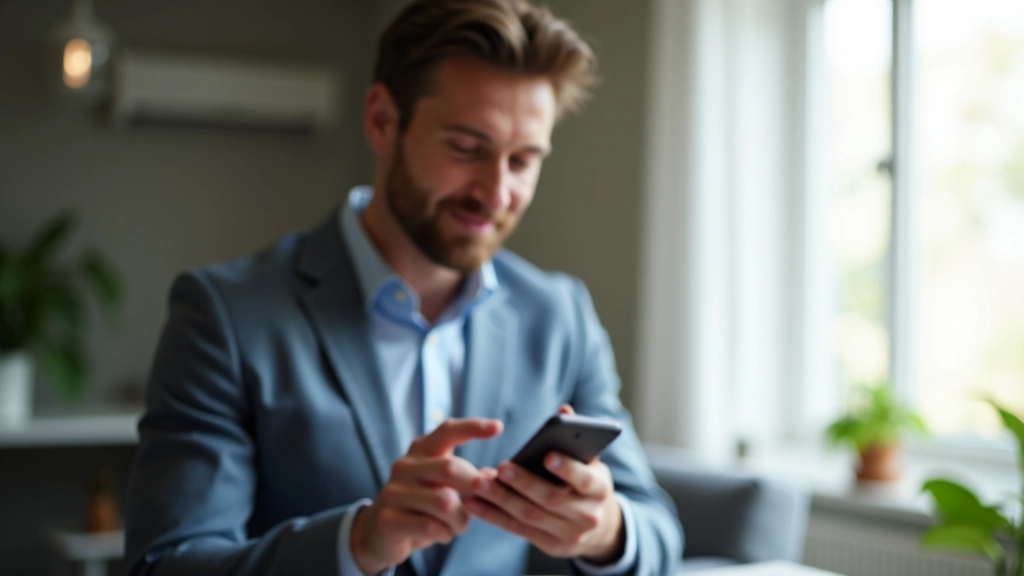 Homme utilisant une calculatrice budgétaire sur un smartphone avec des graphiques financiers en arrière-plan