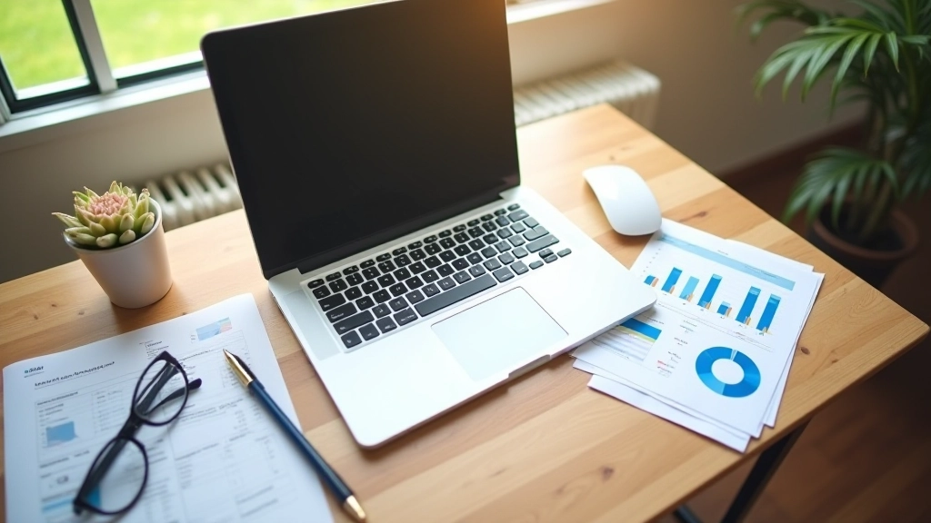 Vue aérienne d'un espace de travail avec un ordinateur portable, des notes manuscrites sur les finances et des graphiques imprimés sur un bureau en bois