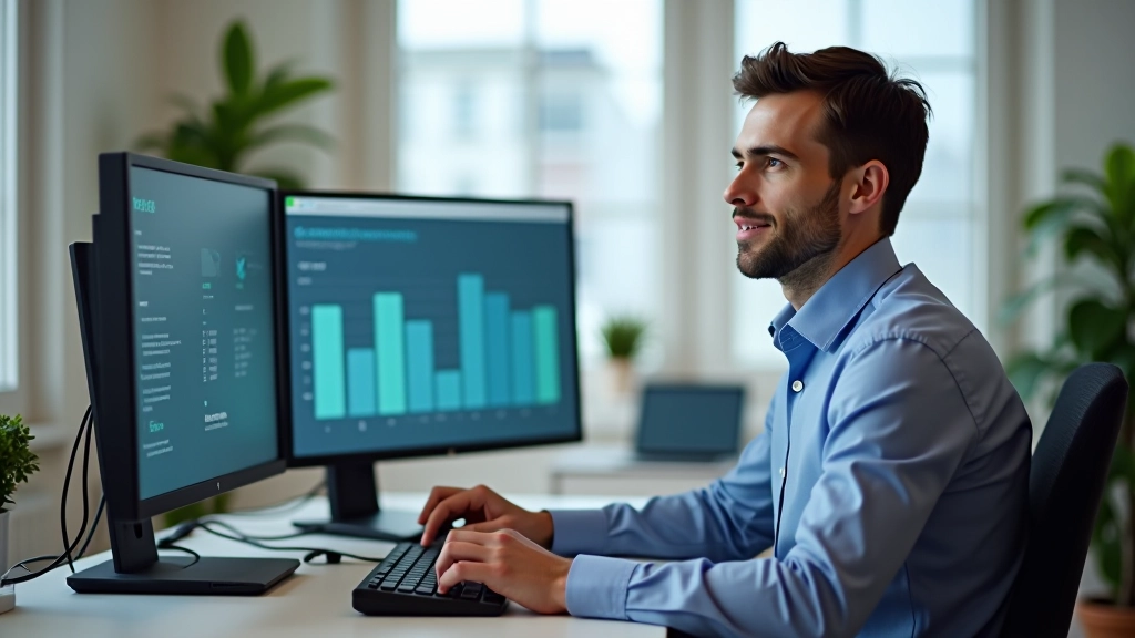 Personne assise à un bureau avec plusieurs écrans montrant des graphiques financiers et des données budgétaires colorées
