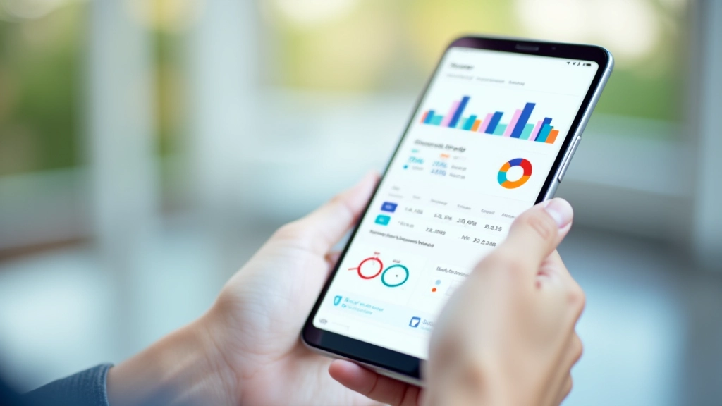 Tableau de bord d'application financière montrant statistiques mensuelles avec graphiques en barres et camemberts colorés, tendances positives