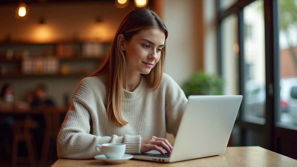 Personne lisant un blog de finances personnelles sur un ordinateur portable dans un café avec un café chaud à proximité
