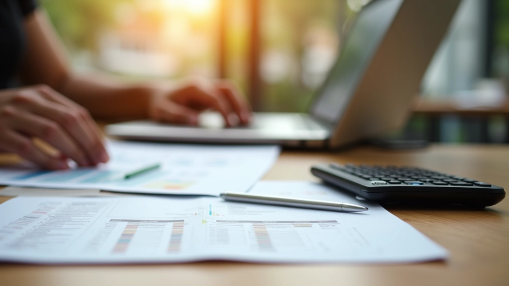 Espace de travail avec ordinateur portable, calculatrice et documents financiers sur un bureau moderne